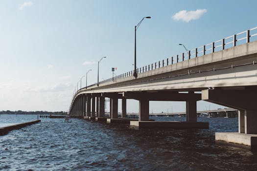 Wide-angle view of a concrete bridge over a river under a clear blue sky, showcasing modern infrastructure.